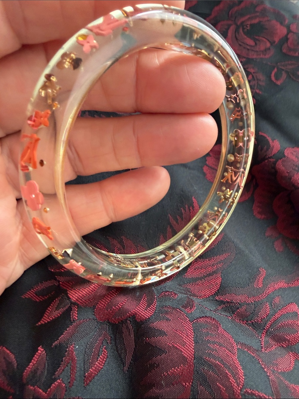 Louis Vuitton Inclusion Bangle Bracelet Clear Gold Resin pink Monogram Auth